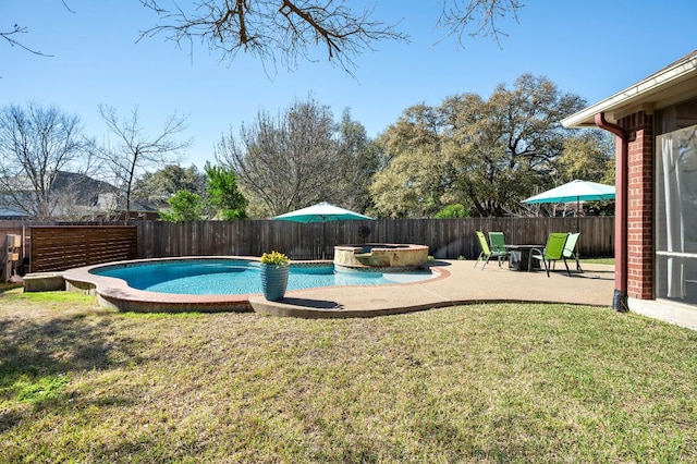 view of pool featuring a fenced in pool, a fenced backyard, a yard, a patio area, and an in ground hot tub