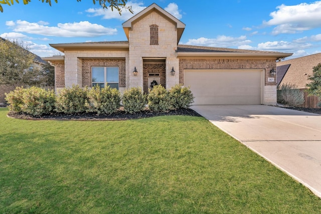 view of front of property with a front yard, driveway, an attached garage, stone siding, and brick siding