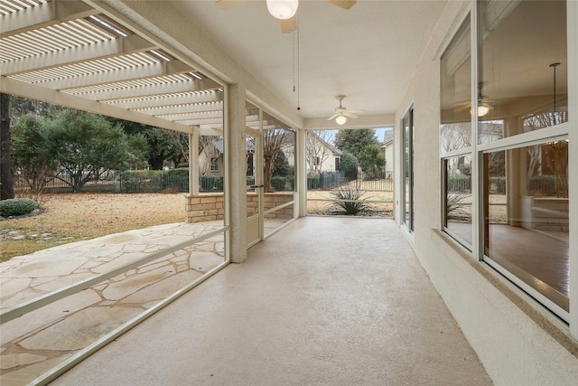 view of patio with a pergola, ceiling fan, and fence