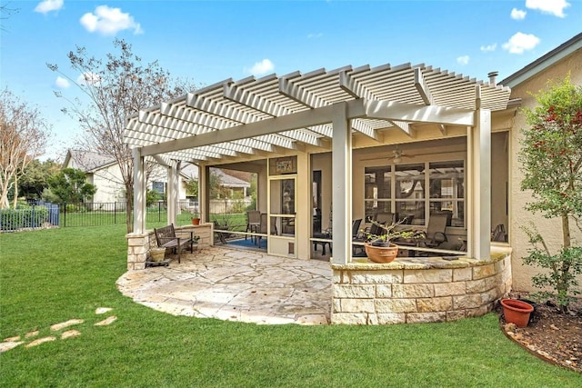 view of patio / terrace with a pergola, ceiling fan, and fence