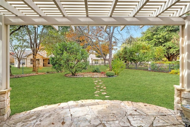 view of yard featuring a patio area, fence, and a pergola