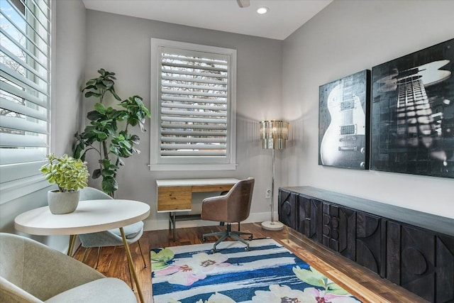 office with recessed lighting, wood finished floors, and baseboards