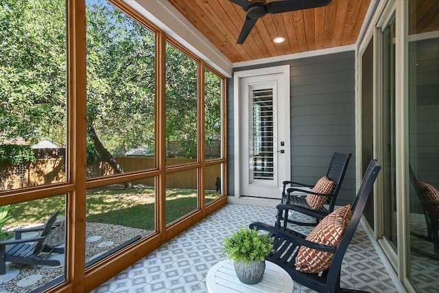 sunroom featuring wooden ceiling and ceiling fan