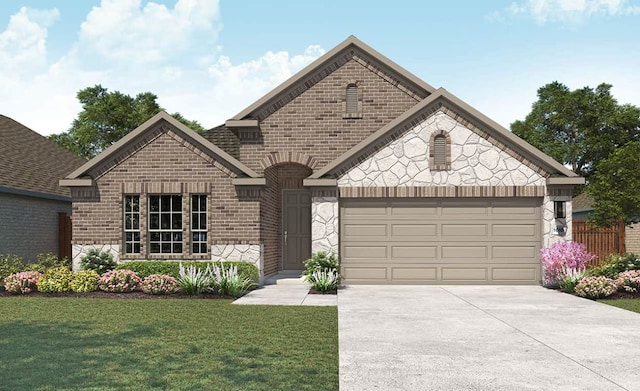 view of front facade with brick siding, stone siding, and a garage