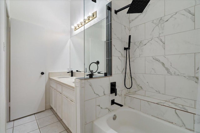 bathroom with vanity and washtub / shower combination