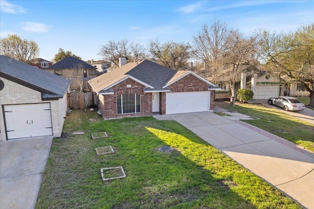 ranch-style house with brick siding, fence, a front yard, a chimney, and driveway