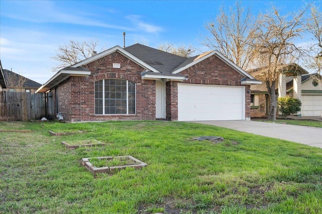 ranch-style house with driveway, brick siding, an attached garage, and a front lawn