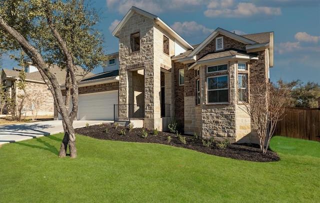 view of front of home with a front yard, fence, and stone siding