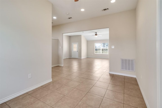 empty room with recessed lighting, visible vents, baseboards, and ceiling fan