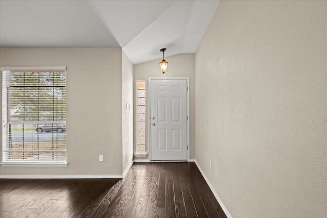 foyer entrance with a wealth of natural light, dark wood finished floors, and vaulted ceiling