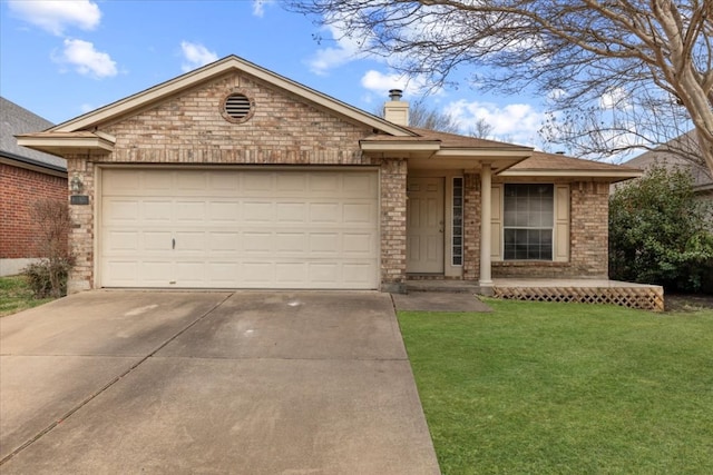 ranch-style house featuring driveway, a front lawn, an attached garage, brick siding, and a chimney