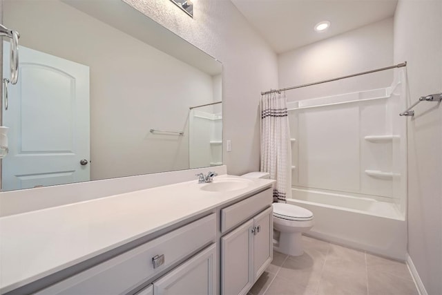 bathroom featuring toilet, recessed lighting, shower / tub combo, tile patterned floors, and vanity