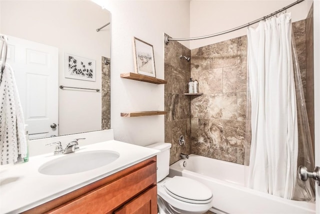 bathroom featuring shower / bathtub combination with curtain, toilet, and vanity