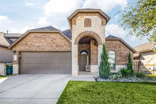 french country style house featuring stone siding, concrete driveway, a front yard, a garage, and brick siding