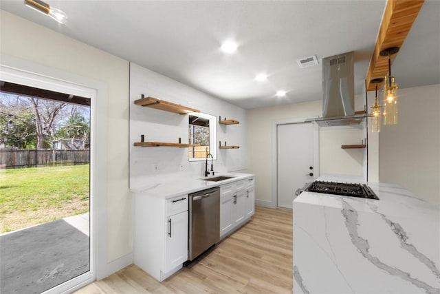 kitchen with stainless steel dishwasher, open shelves, island exhaust hood, and a sink