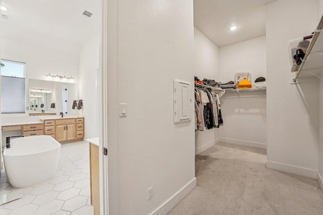 spacious closet with light colored carpet, visible vents, and a sink