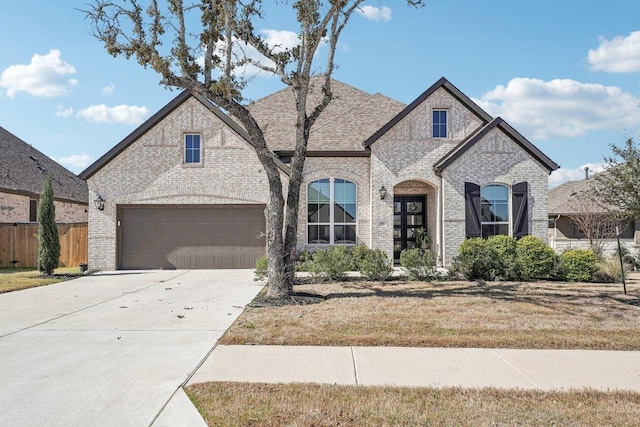 french country style house with driveway, fence, a front yard, a shingled roof, and brick siding