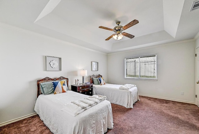 410 Rolling Green Dr, Lakeway, TX 78734 - bedroom with a tray ceiling, carpet floors, baseboards, ornamental molding, and ceiling fan