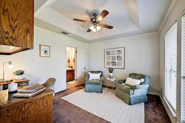 410 Rolling Green Dr, Lakeway, TX 78734 - carpeted home office with a raised ceiling, a ceiling fan, and baseboards