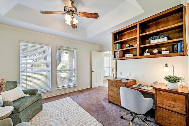 410 Rolling Green Dr, Lakeway, TX 78734 - carpeted office space featuring a tray ceiling, ceiling fan, and crown molding