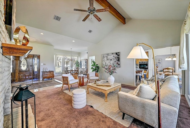 410 Rolling Green Dr, Lakeway, TX 78734 - living room with a chandelier, ceiling fan, beamed ceiling, high vaulted ceiling, and recessed lighting