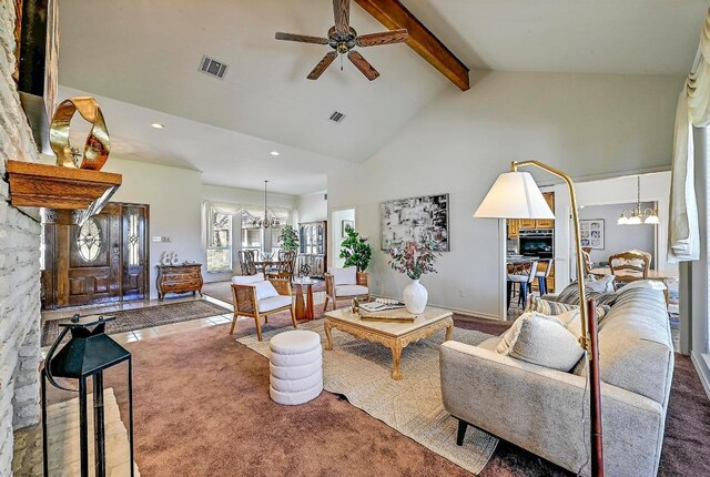 410 Rolling Green Dr, Lakeway, TX 78734 - living room with a chandelier, a ceiling fan, beam ceiling, high vaulted ceiling, and recessed lighting