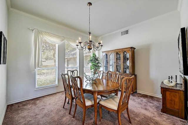 410 Rolling Green Dr, Lakeway, TX 78734 - carpeted dining room featuring a chandelier, ornamental molding, and baseboards