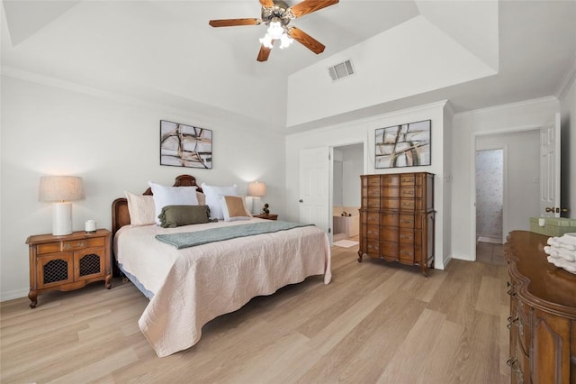 410 Rolling Green Dr, Lakeway, TX 78734 - bedroom with light wood-style flooring, baseboards, a ceiling fan, and crown molding