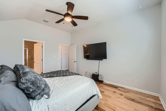 107 Lemuel Crawford Trl, Bastrop, TX 78602 - bedroom featuring vaulted ceiling, light wood-style flooring, and ceiling fan