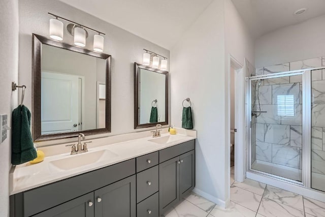 107 Lemuel Crawford Trl, Bastrop, TX 78602 - bathroom with marble look tile flooring, double vanity, a marble finish shower, toilet, and baseboards