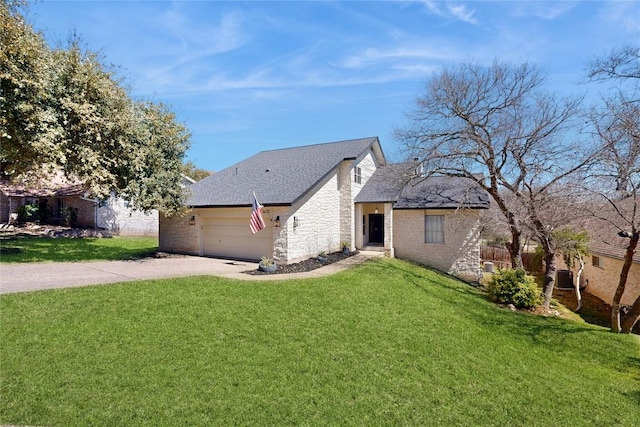 view of side of property with driveway, an attached garage, central AC, a shingled roof, and a lawn