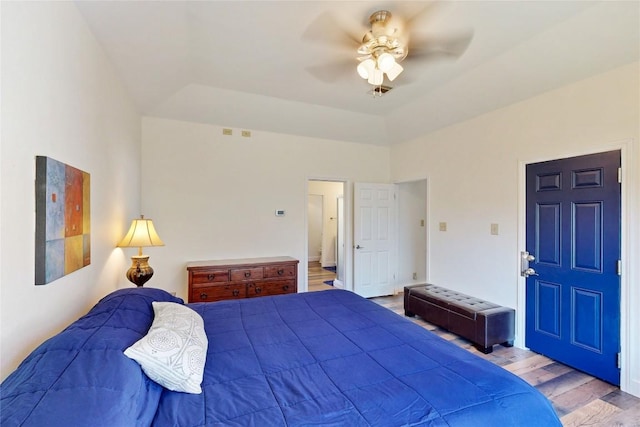 bedroom featuring wood finished floors and ceiling fan