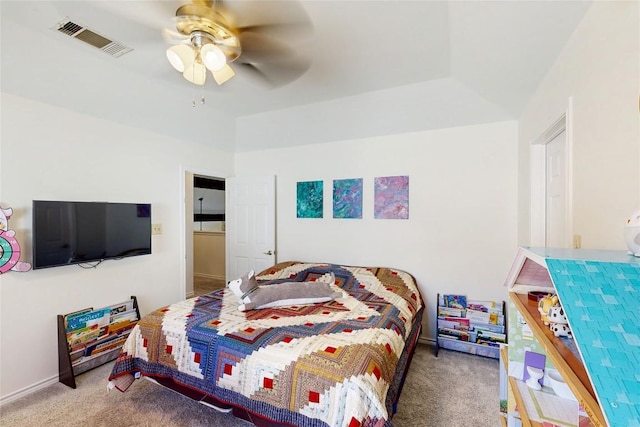 bedroom featuring visible vents, ceiling fan, and carpet flooring