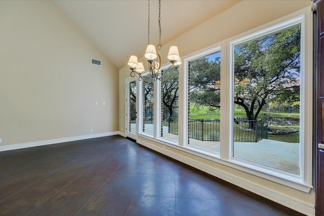 unfurnished dining area with visible vents, lofted ceiling, a notable chandelier, and baseboards