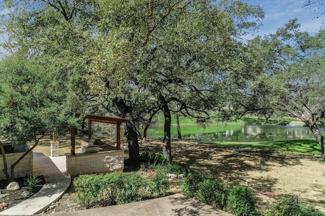 view of community with a water view