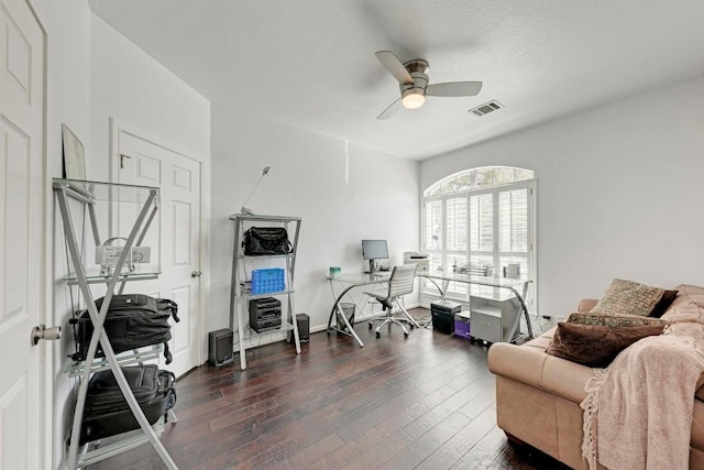 1000 Rutgers Dr, Pflugerville, TX 78660 - office area featuring a ceiling fan, wood finished floors, and visible vents