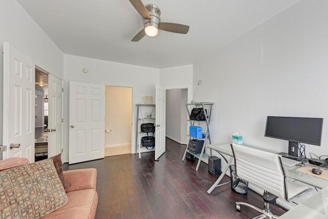 home office with baseboards, wood-type flooring, and ceiling fan