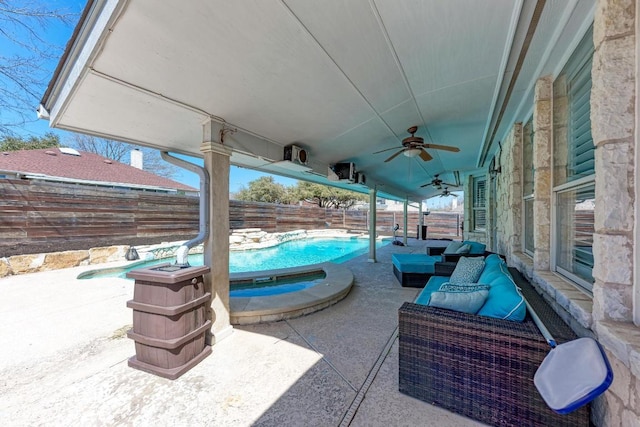 view of patio with a fenced in pool, an outdoor hangout area, a fenced backyard, and a ceiling fan