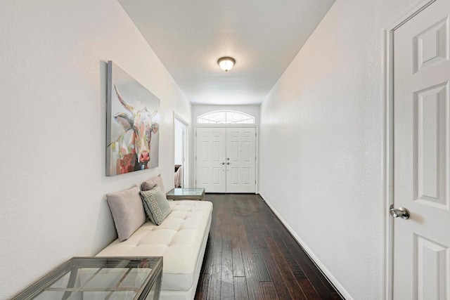 interior space featuring baseboards and dark wood-type flooring