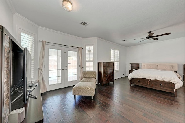 bedroom featuring access to exterior, visible vents, ornamental molding, french doors, and wood-type flooring