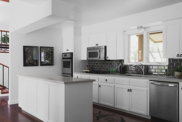 kitchen featuring a sink, dark wood-type flooring, appliances with stainless steel finishes, white cabinetry, and backsplash