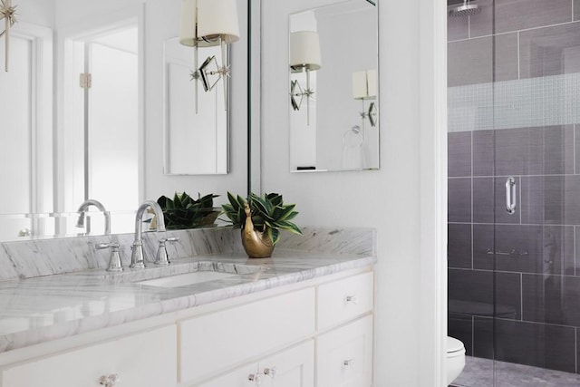 bathroom with vanity, toilet, and a stall shower