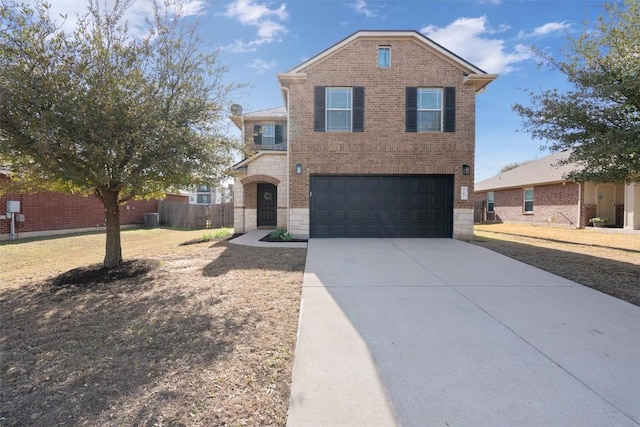 view of front facade with driveway, stone siding, fence, a garage, and brick siding