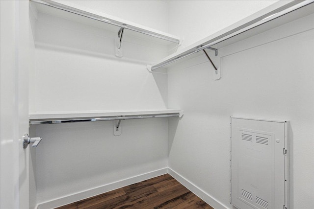 spacious closet with dark wood-style flooring