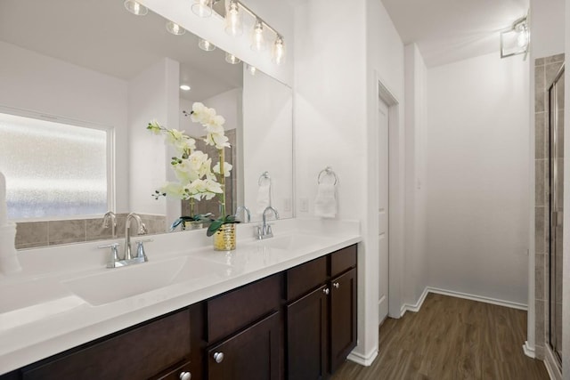 bathroom featuring double vanity, a sink, wood finished floors, and a stall shower