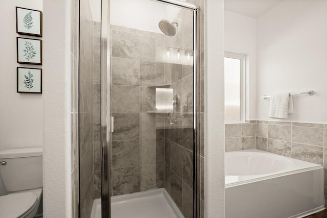full bath with toilet, a shower stall, and a bath