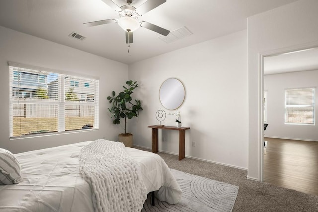 112 High Plains Pass, Liberty Hill, TX 78642 - bedroom featuring multiple windows, carpet, baseboards, and ceiling fan