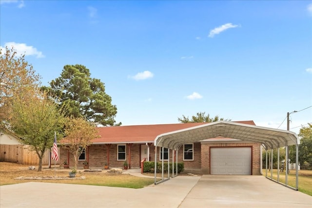 ranch-style home featuring brick siding, fence, concrete driveway, a carport, and an attached garage