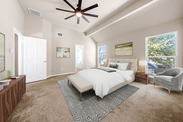 bedroom featuring visible vents, light colored carpet, connected bathroom, and baseboards