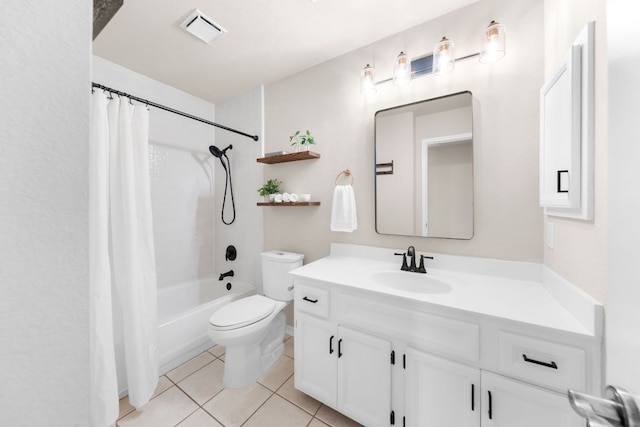 full bath featuring vanity, visible vents, tile patterned flooring, shower / bath combination with curtain, and toilet